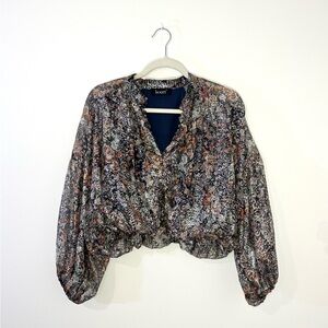 Kourt Sheer Bubble-Sleeve Shimmer Paisley Top